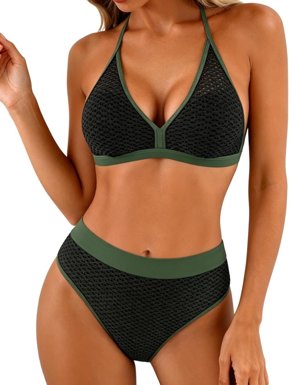 Bikini SetHalter V Neck Two Piece Swimsuit Mid Rise Textured S/ 1131-bb6